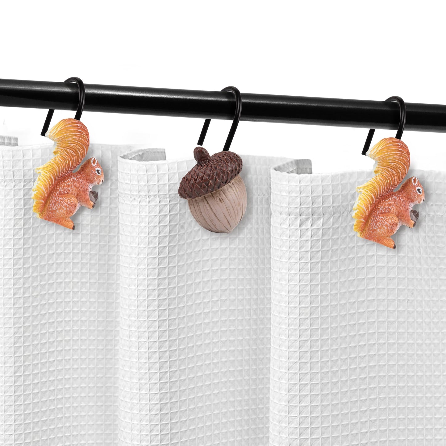 Sunlit Fall Autumn Decorative Shower Curtain Hooks, Squirrel Acorn Shower Curtain Rings, Resin, Orange Brown Cute Bathroom Curtain Hangers Decoration, Set of 12