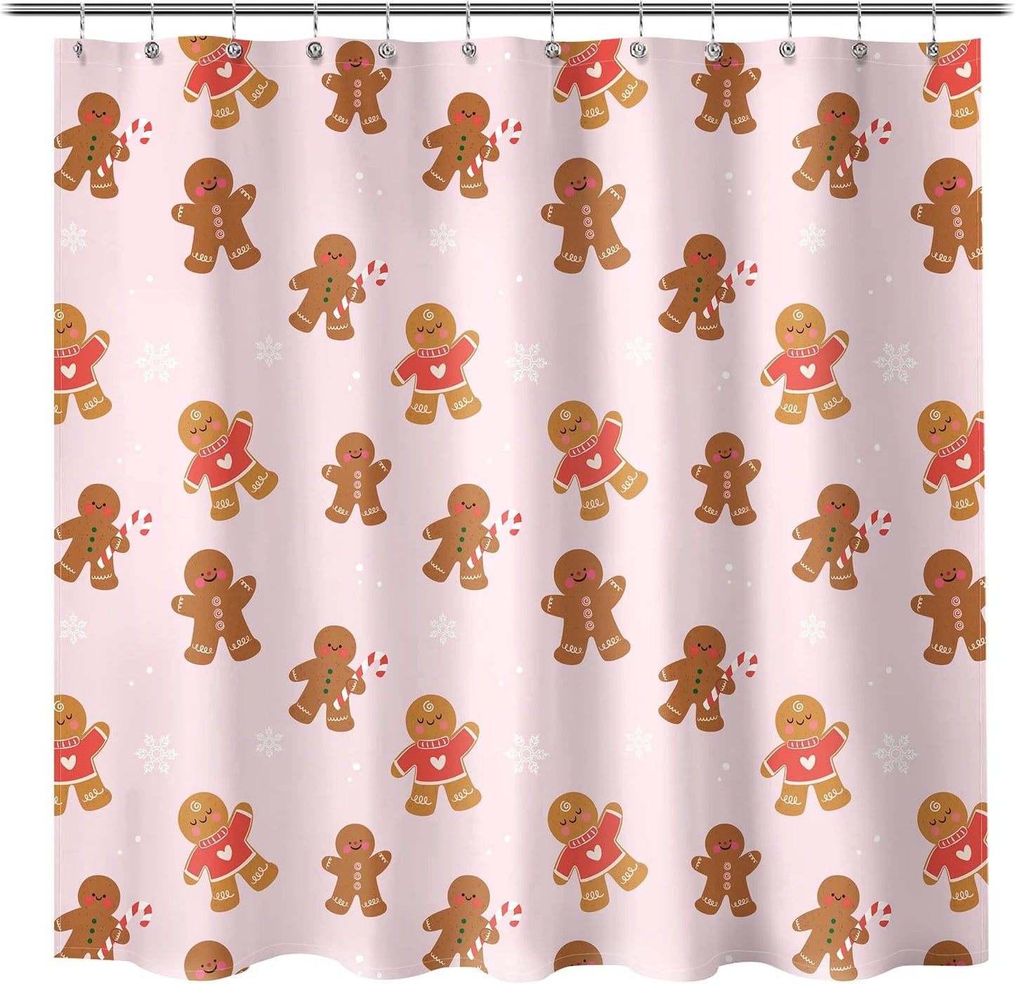 Sunlit Christmas Shower Curtain, Pink Holiday Gingerbread Men with Candy Canes and Snowflakes Cute Xmas Cookie Pattern, Festive Bathroom Fabric Shower Curtain, Home Decor Tapestry, 72" x 72"
