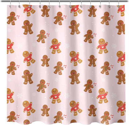 Sunlit Christmas Shower Curtain, Pink Holiday Gingerbread Men with Candy Canes and Snowflakes Cute Xmas Cookie Pattern, Festive Bathroom Fabric Shower Curtain, Home Decor Tapestry, 72" x 72"