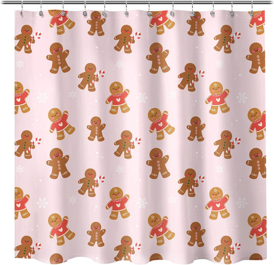 Sunlit Christmas Shower Curtain, Pink Holiday Gingerbread Men with Candy Canes and Snowflakes Cute Xmas Cookie Pattern, Festive Bathroom Fabric Shower Curtain, Home Decor Tapestry, 72" x 72"