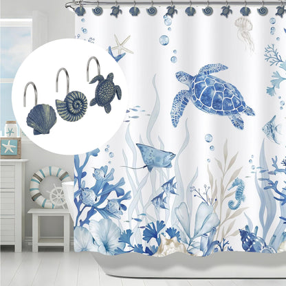 Sunlit Seashells Decorative Shower Curtain Hooks, Blue Scallop Nautilus & Sea Turtle Shower Curtain Rings, Resin, Nautical Bathroom Decoration Beach Shower Curtain Hooks-12 Pack