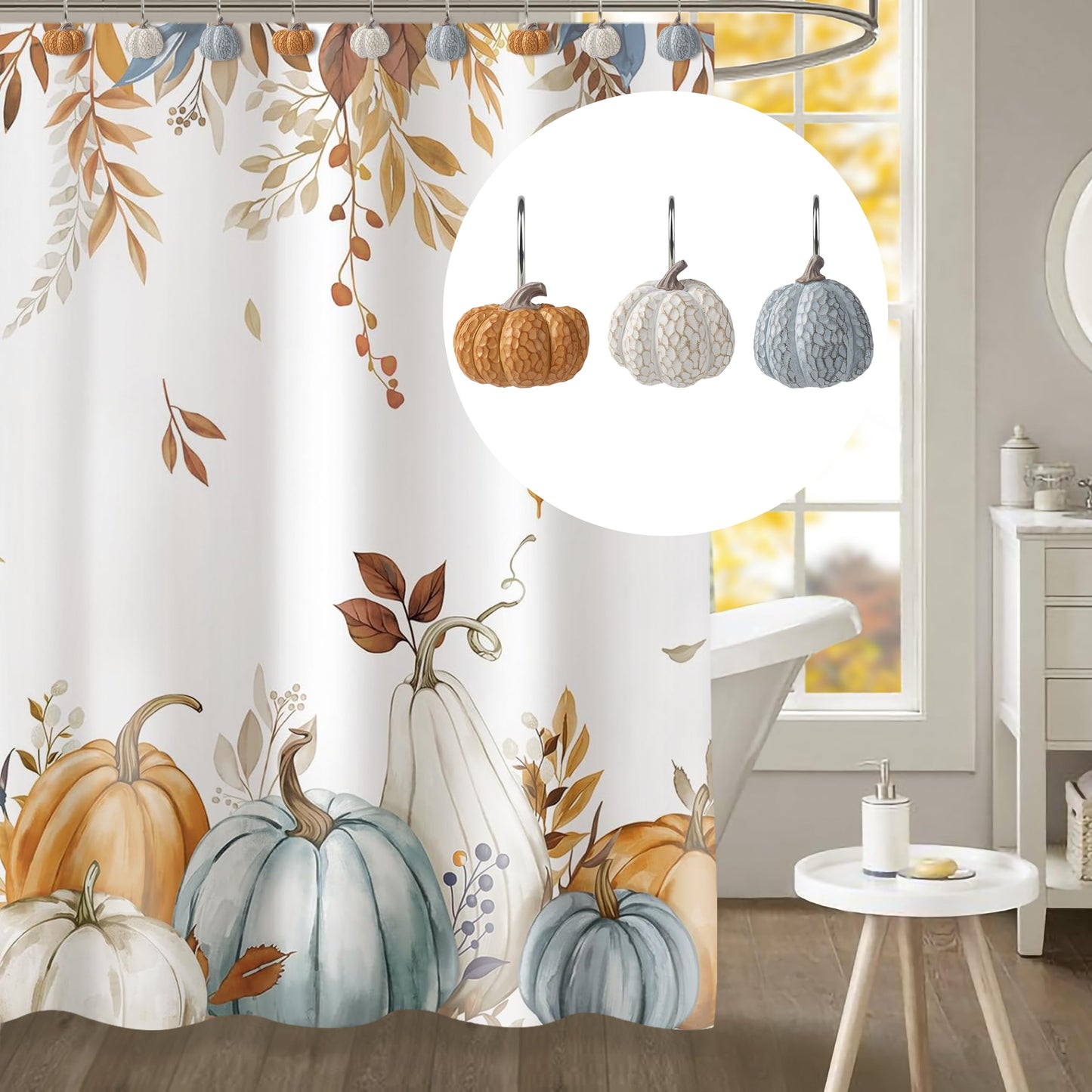 Sunlit Fall Pumpkin Decorative Shower Curtain Hooks, Autumn Harvest Festival Shower Curtain Rings, Resin, Orange Farmhouse Bathroom Curtain Hangers Decoration, Set of 12