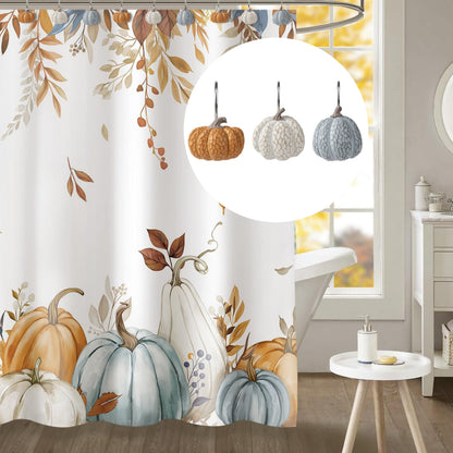 Sunlit Fall Pumpkin Decorative Shower Curtain Hooks, Autumn Harvest Festival Shower Curtain Rings, Resin, Orange Farmhouse Bathroom Curtain Hangers Decoration, Set of 12
