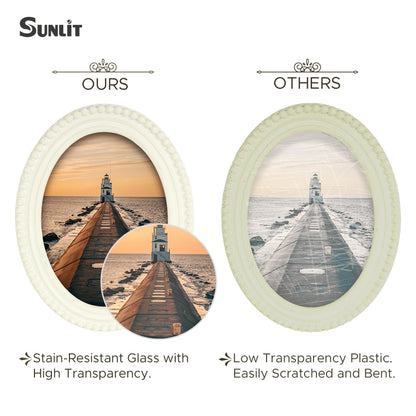 Sunlit Boho Vintage Picture Frame 8x10 Inch with Beaded Border, Oval Luxury Antique Photo Frames with Glass Front, Photo Display, Tabletop Wall Hanging, Gift Idea, Distressed White