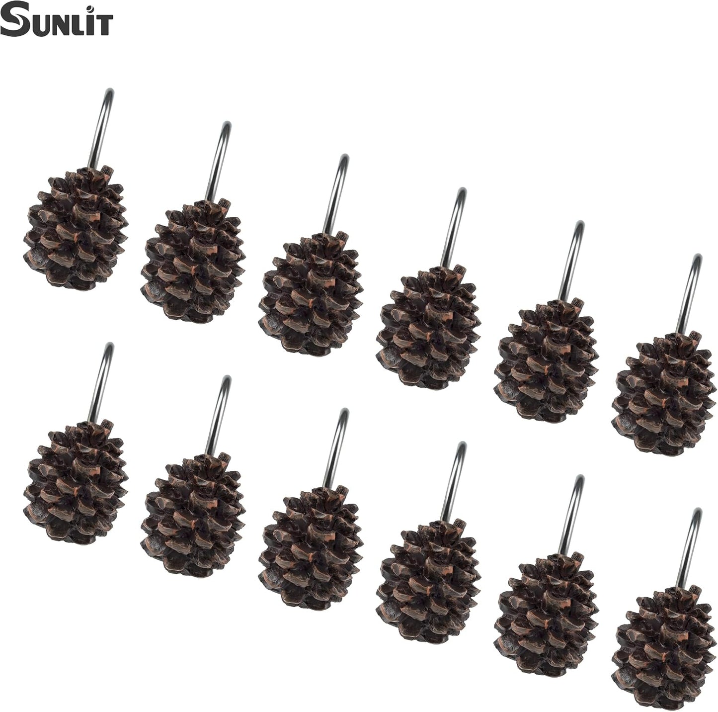 Sunlit Pinecone Decorative Shower Curtain Hooks, Brown Pine Cone Shower Curtain Rings, Resin, Winter Christmas Theme Bathroom Decoration, Set of 12