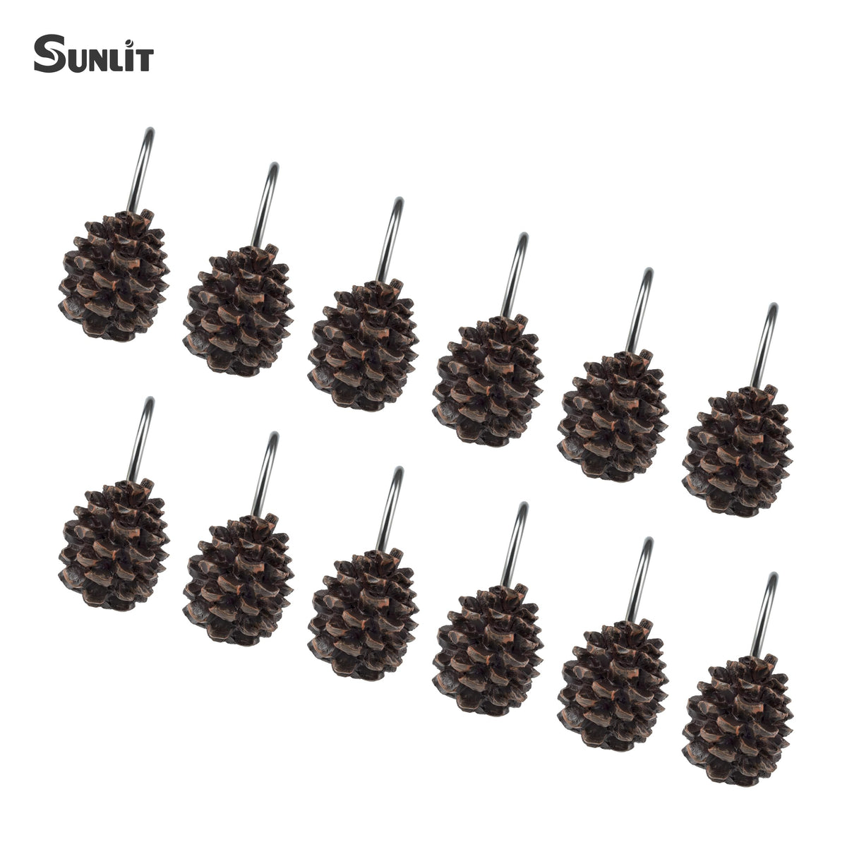 Sunlit Snowy Pinecone Shower Curtain Hooks Set of 12, Snow-Tipped Pine Cone Curtain Rings for Christmas Winter Bathroom Decor, Rustic Decorative Resin Bath Accessories