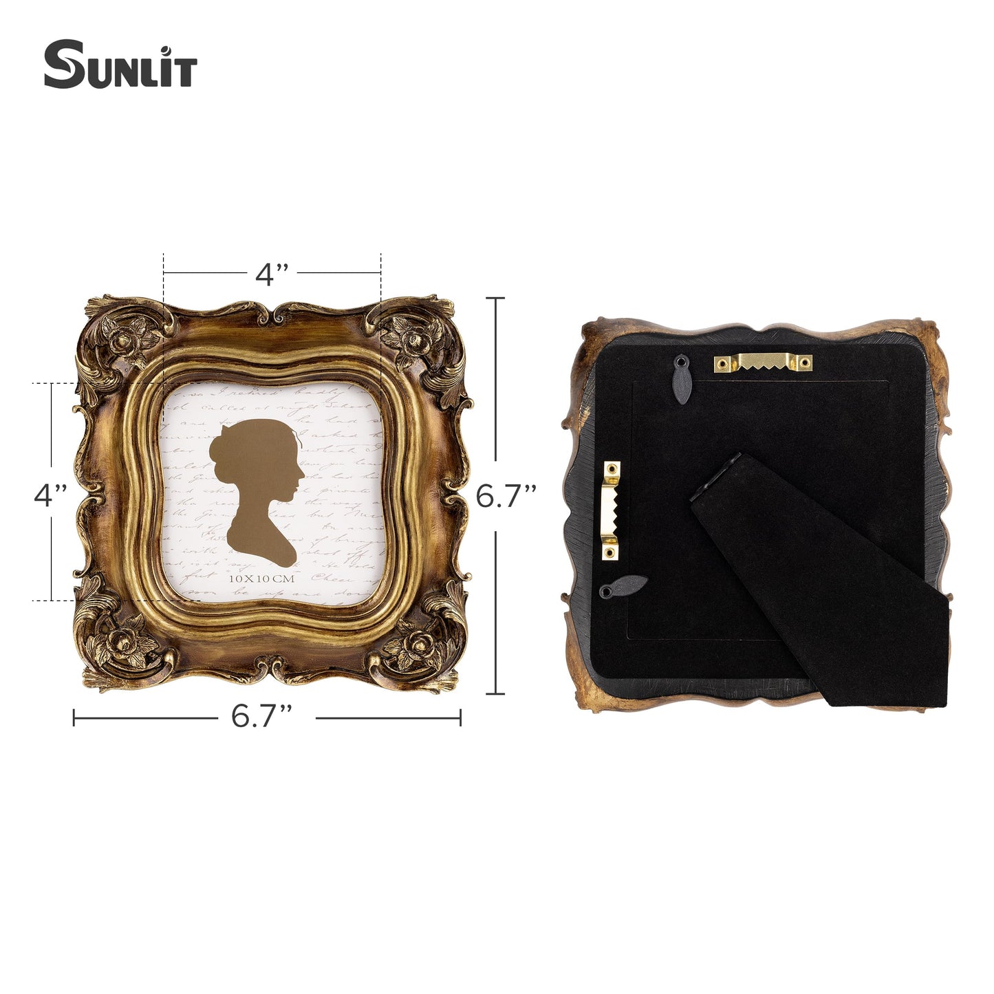 Sunlit Vintage Small Picture Frame 2.5x3.5 Inch, Antique Mini Polaroid Photo Frames with Glass Front, Luxury Wallet Size Picture Frames, Tiny Photo Frames Display Tabletop Wall Hanging Gift Ideas, Gold