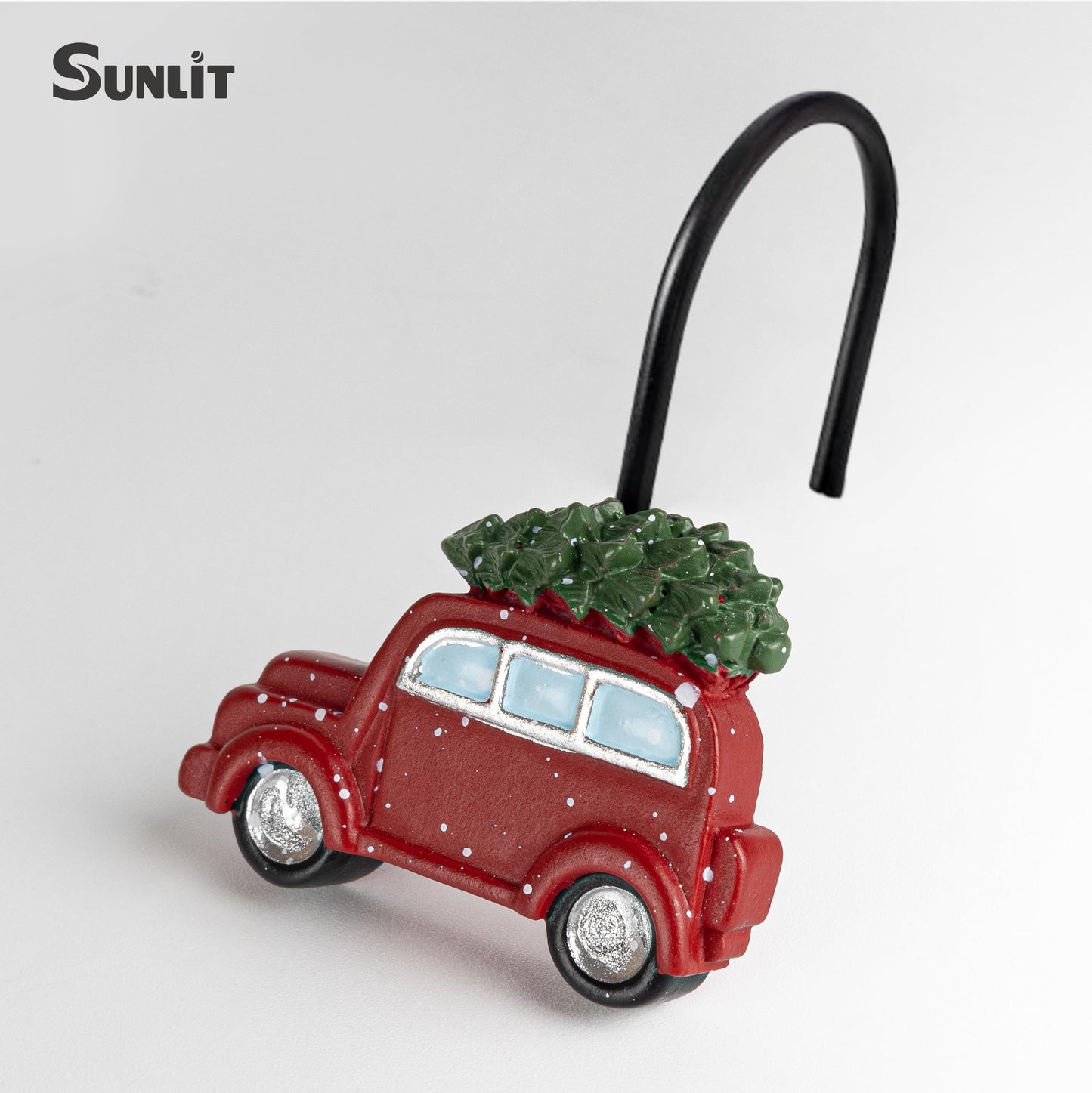Sunlit Christmas Shower Curtain Hooks, Vintage Red Truck with Snow Xmas Tree Shower Curtain Rings, Resin, Rustic Farmhouse Christmas Decor, Winter Bathroom Decoration, Set of 12