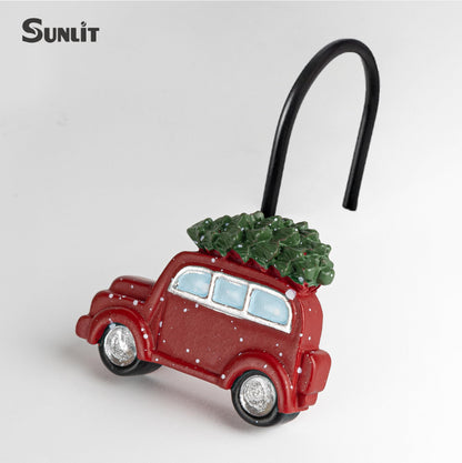 Sunlit Christmas Shower Curtain Hooks, Vintage Red Truck with Snow Xmas Tree Shower Curtain Rings, Resin, Rustic Farmhouse Christmas Decor, Winter Bathroom Decoration, Set of 12