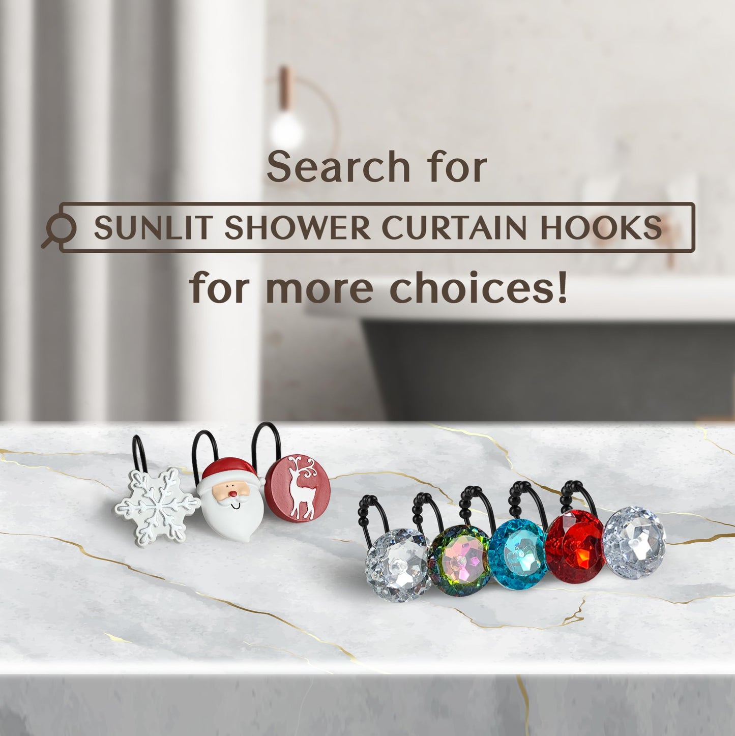 Sunlit Christmas Shower Curtain Hooks Silver Snowflakes Shower Curtain Rings, Resin, White Christmas Decor, Winter Bathroom Decoration - 12 Pack