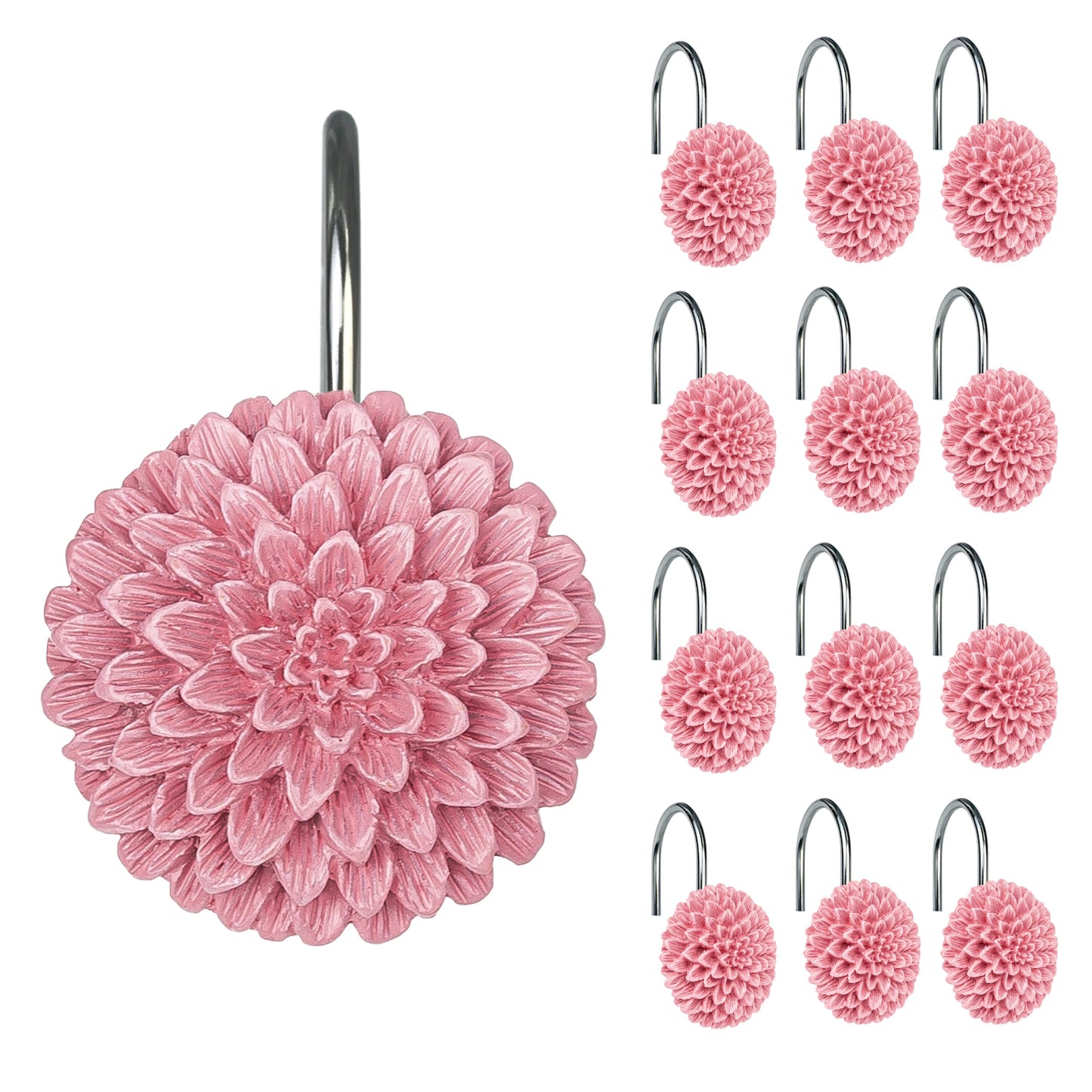 Sunlit Decorative Floral Shower Curtain Hooks, Turquoise Dahlia Pinnata Flower Shower Curtain Rings, Resin, Bathroom Decoration Blue Shower Curtain Hooks-12 Pack