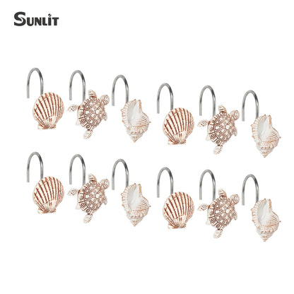 Sunlit Seashells Decorative Shower Curtain Hooks, Scallop Nautilus & Seahorse Shower Curtain Rings, Seashell Blush, Resin, Nautical Bathroom Decoration Beach Shower Curtain Hooks-12 Pack