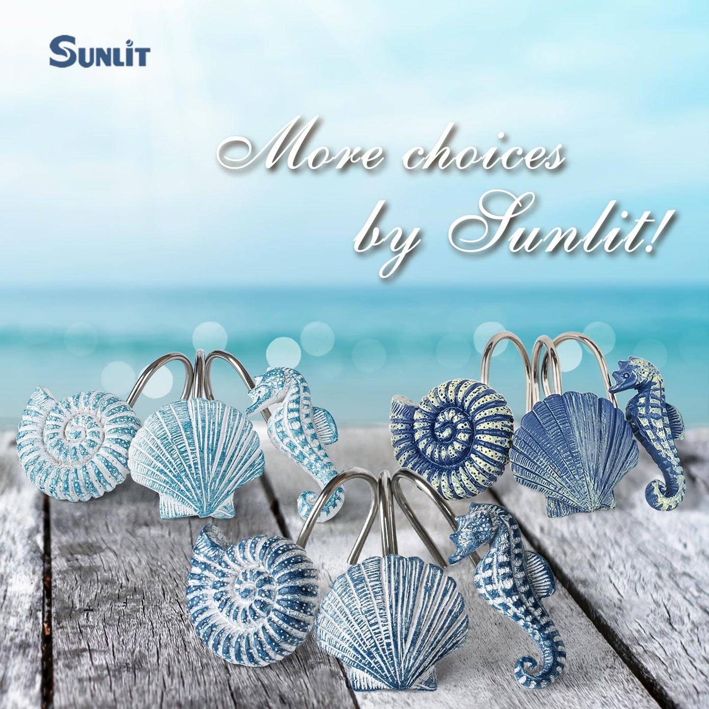 Sunlit Seashells Decorative Shower Curtain Hooks, Blue Ocean Creatures Coastal Shower Curtain Rings with Black Hooks, Resin, Nautical Bathroom Decoration Beach Shower Curtain Hooks, Set of 12