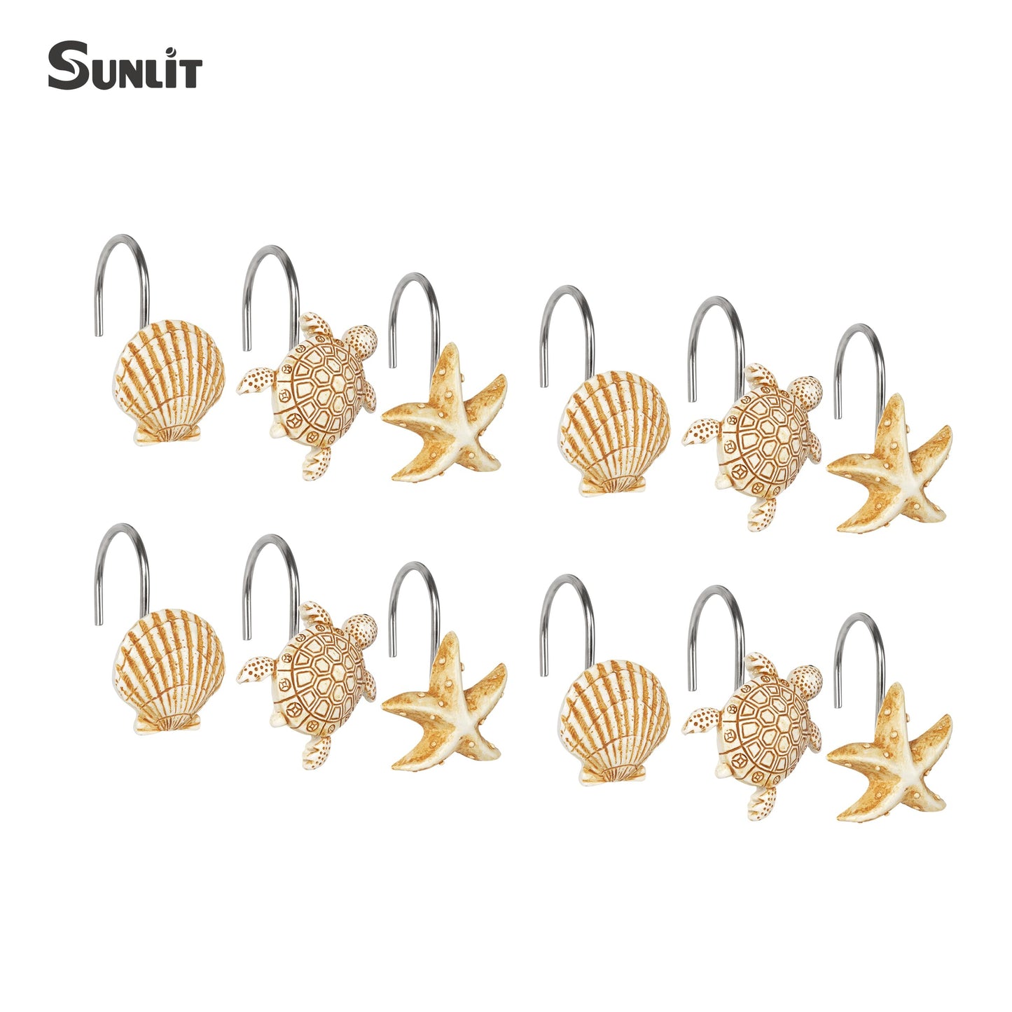 Sunlit Seashells Decorative Shower Curtain Hooks, Scallop Nautilus & Seahorse Shower Curtain Rings, Seashell Blush, Resin, Nautical Bathroom Decoration Beach Shower Curtain Hooks-12 Pack