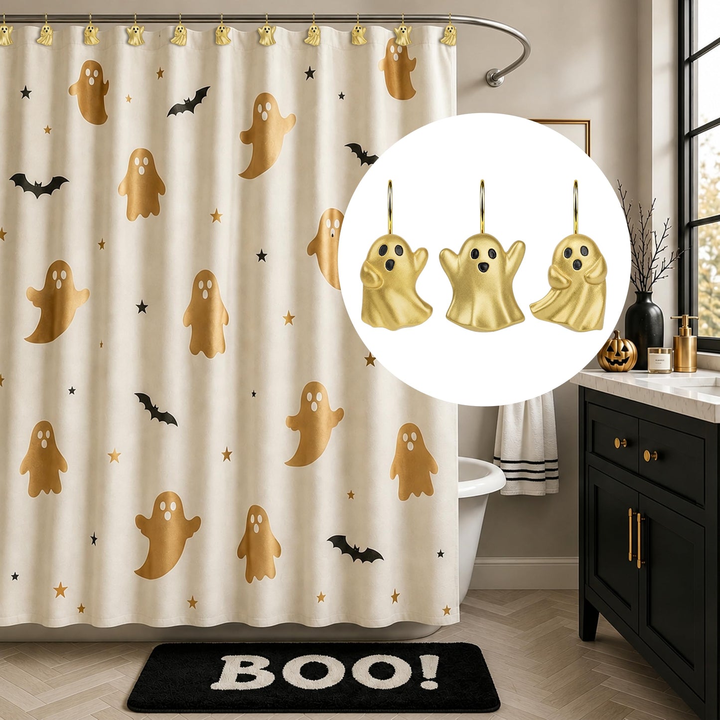 Sunlit Ghost Shower Curtain Hooks, Home Decorative Shower Curtain Rings for Bathroom, Halloween Shower Curtain Hangers Bathroom Accessories, Set of 12