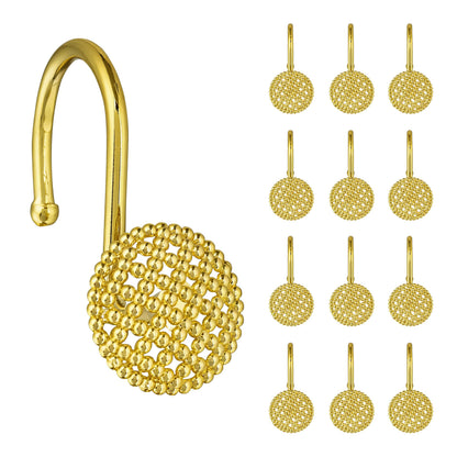 Sunlit Gold 3D Beaded Mesh Shower Curtain Hooks, Metal Home Decorative Shower Curtain Rings for Bathroom, Modern Shower Curtain Hangers Bathroom Accessories, Set of 12