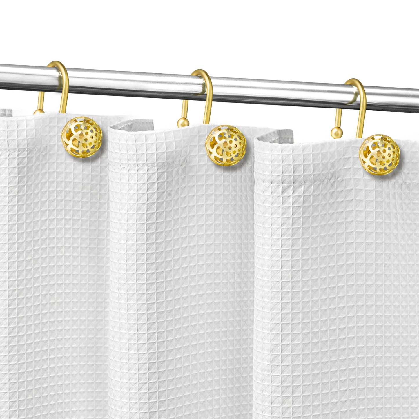 Sunlit Gold Hollow Ball Shower Curtain Hooks, Metal Home Decorative Shower Curtain Rings for Bathroom, Modern Shower Curtain Hangers Bathroom Accessories, Set of 12