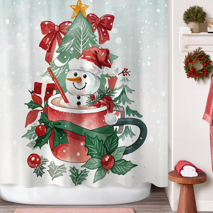 Sunlit Christmas Shower Curtain, Red Mug Hot Cocoa with Snowman Marshmallows and Gingerbread Cookies, Whimsical Holiday Scene Festive Bathroom Fabric Shower Curtain, Home Decor Tapestry, 72" x 72"