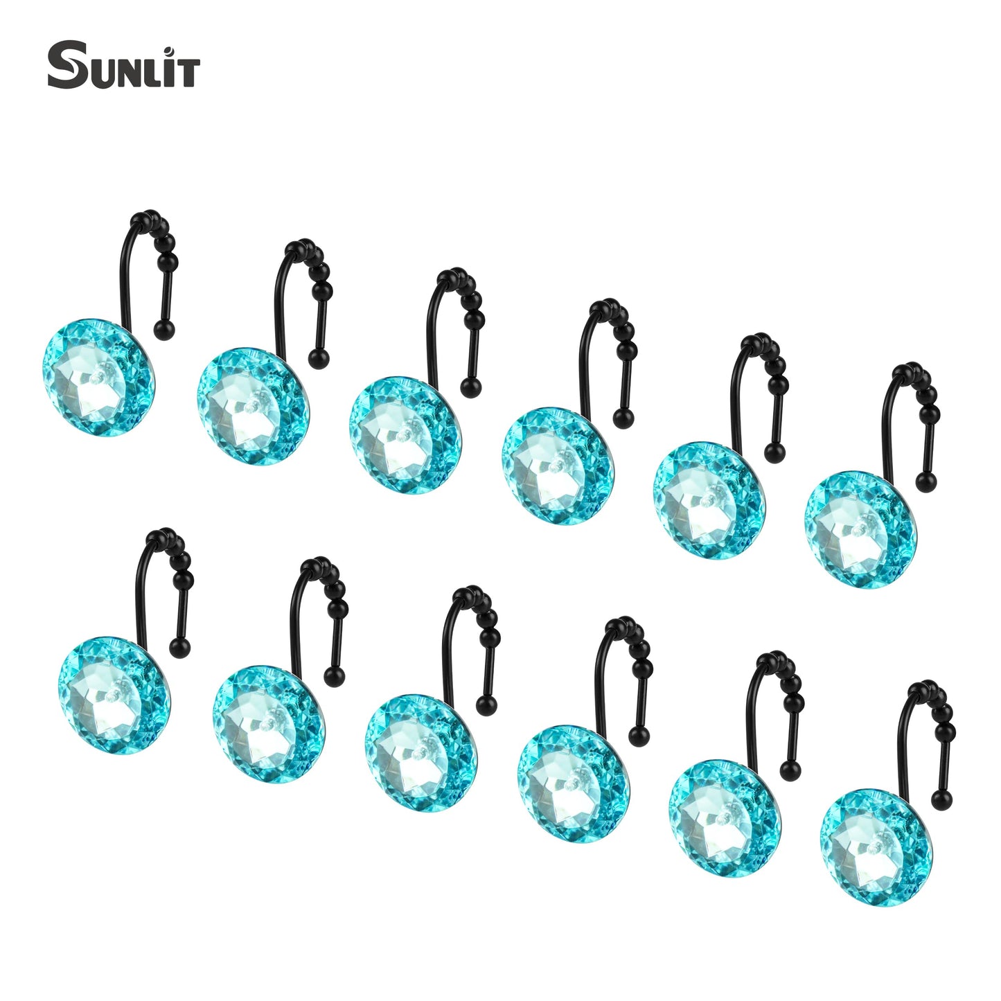 Sunlit Luxury Design Round Clear Diamond Crystal Gem Bling with Glide Balls Double Shower Curtain Hooks, Rust Proof Metal Rhinestones Glam Shower Curtain Rings-12 Pack