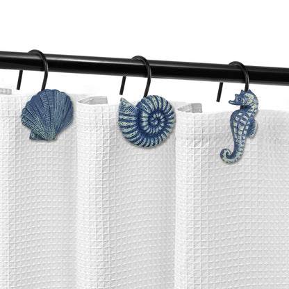 Sunlit Seashells Decorative Shower Curtain Hooks, Blue Ocean Creatures Coastal Shower Curtain Rings with Black Hooks, Resin, Nautical Bathroom Decoration Beach Shower Curtain Hooks, Set of 12