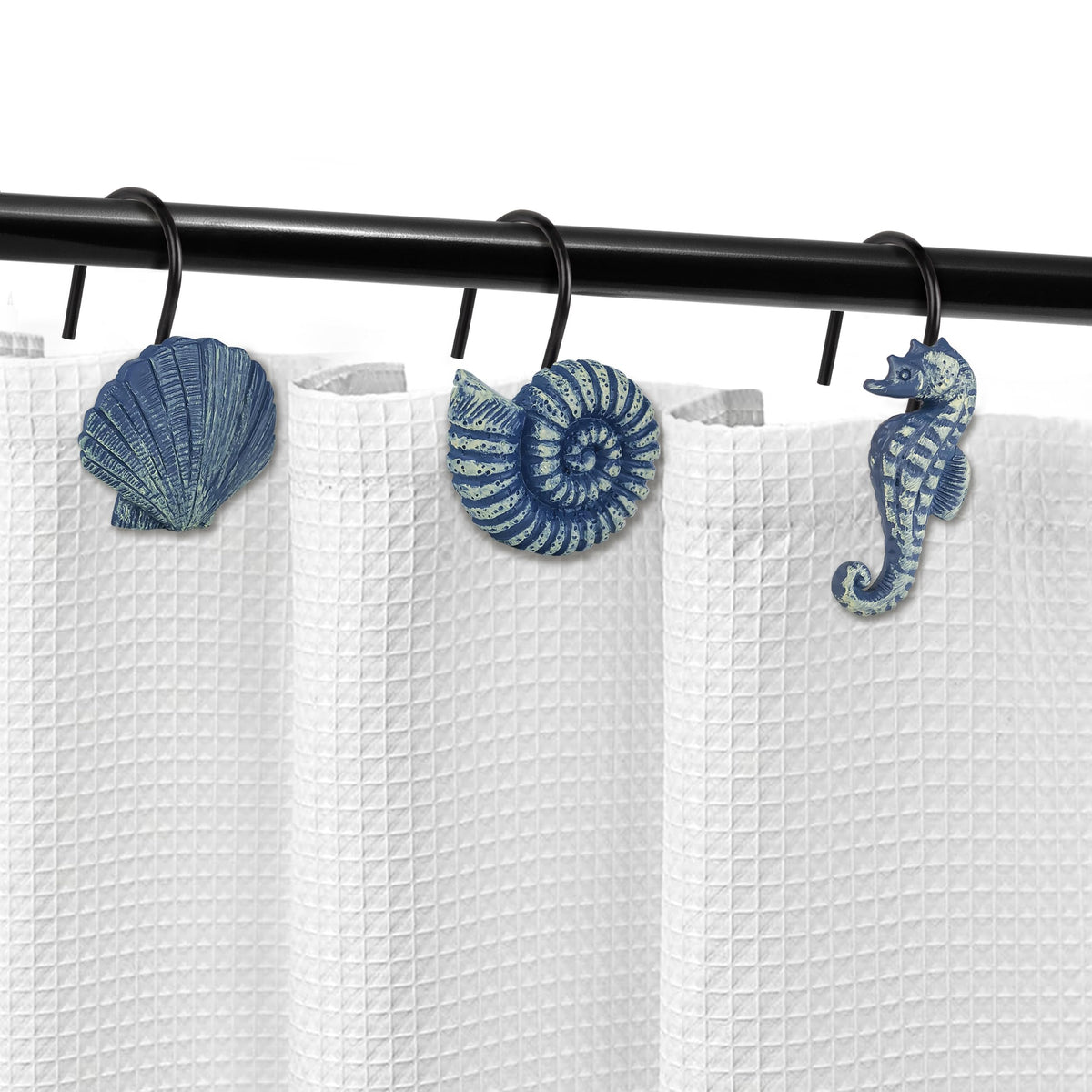 Sunlit Seashells Decorative Shower Curtain Hooks, Aqua Blue Ocean Creatures Coastal Shower Curtain Rings with Black Hooks, Resin, Nautical Bathroom Decoration Beach Shower Curtain Hooks, Set of 12