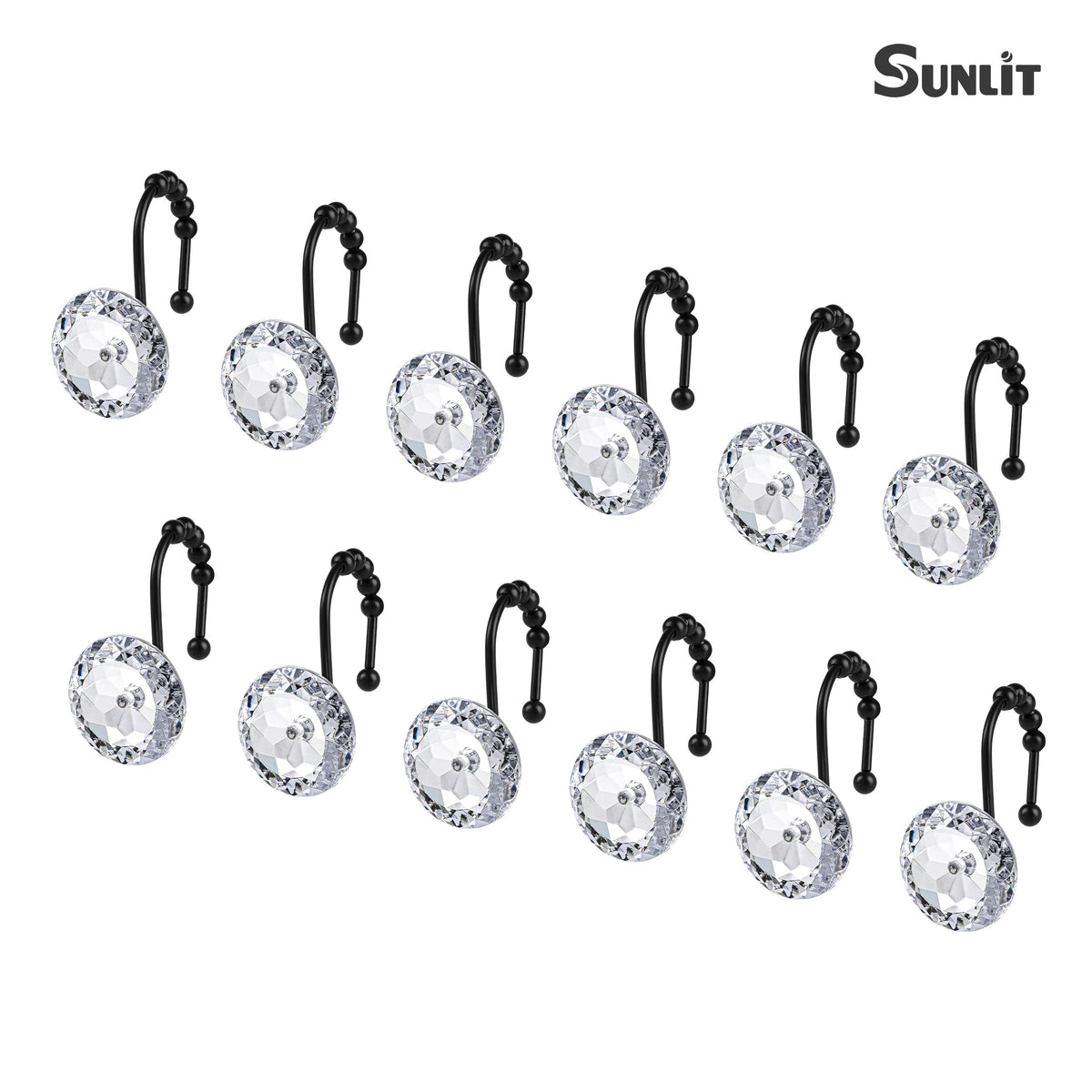 Sunlit Round Rhinestone Shower Curtain Hooks with Glide Balls, 12 Pack