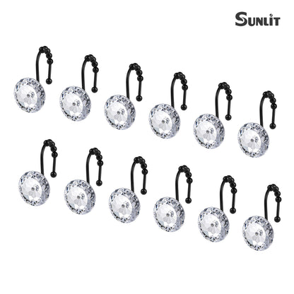 Sunlit Round Rhinestone Shower Curtain Hooks with Glide Balls, 12 Pack