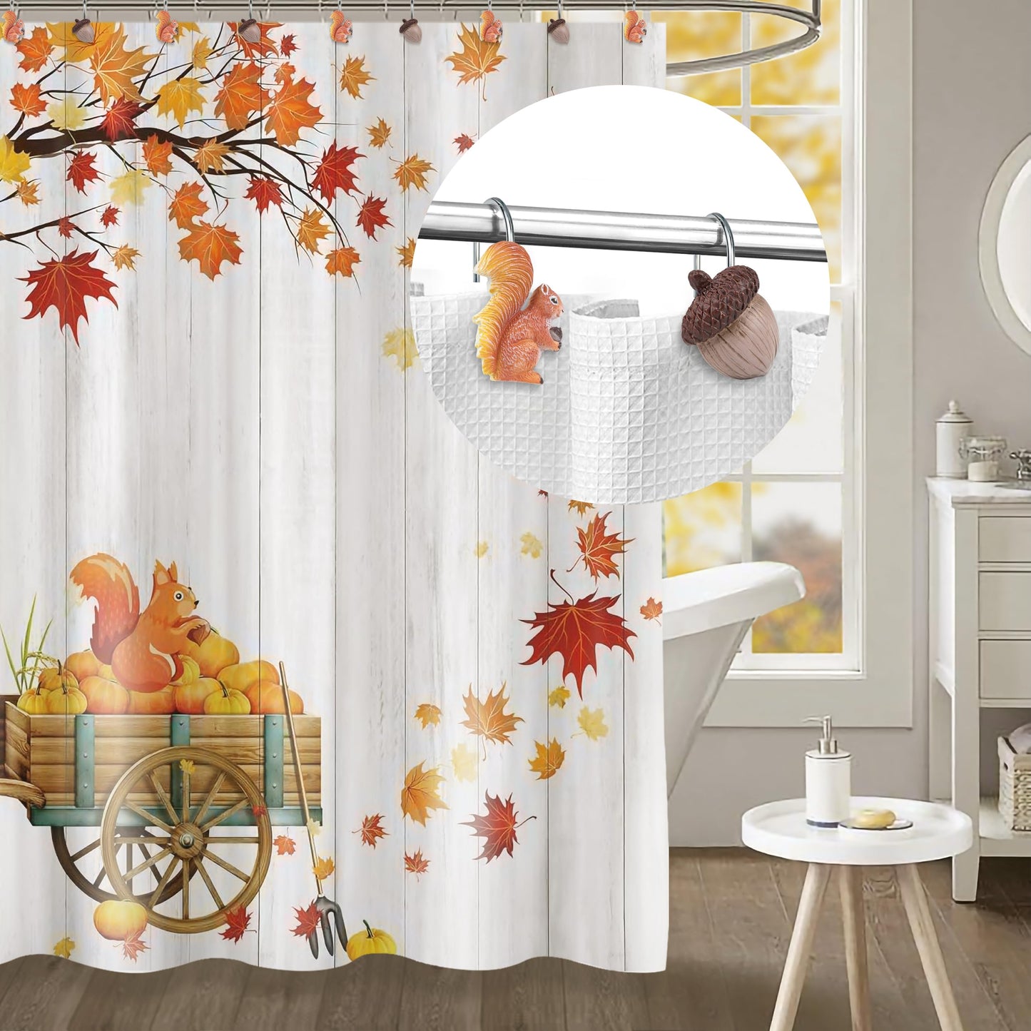 Sunlit Fall Autumn Decorative Shower Curtain Hooks, Squirrel Acorn Shower Curtain Rings, Resin, Orange Brown Cute Bathroom Curtain Hangers Decoration, Set of 12