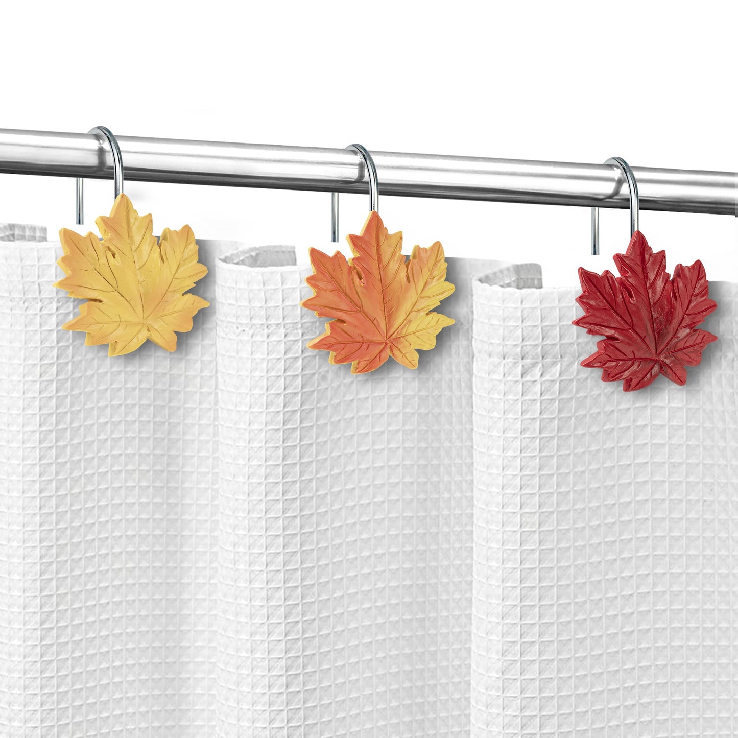 Sunlit Maple Leaf Shower Curtain Hooks for Fall Autumn, Home Decorative Shower Curtain Rings for Bathroom, Resin, Orange Red Maple Leaves Shower Curtain Hangers Hooks Bath Accessories, Set of 12
