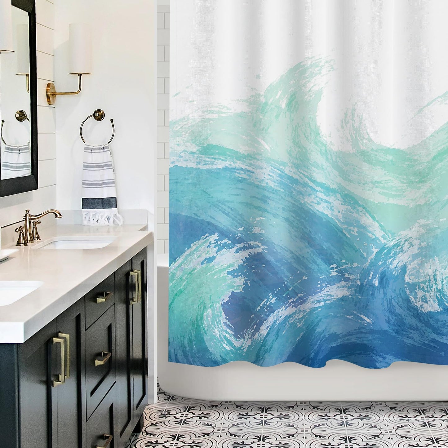 Sunlit Wave Shower Curtain, Ombre Blue and Green Ocean Theme Shower Curtain for Bathroom Modern Decor Waterproof Tapestry, 71x71 Inch