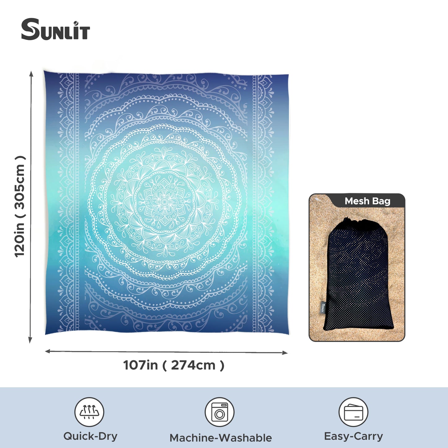 Sunlit Silky Soft Sand Proof Beach Blanket 106"x81" / 85"x72" Sand Proof Mat with Corner Pockets and Mesh Bag for Beach Party, Travel, Camping and Outdoor Music Festival, Mandala
