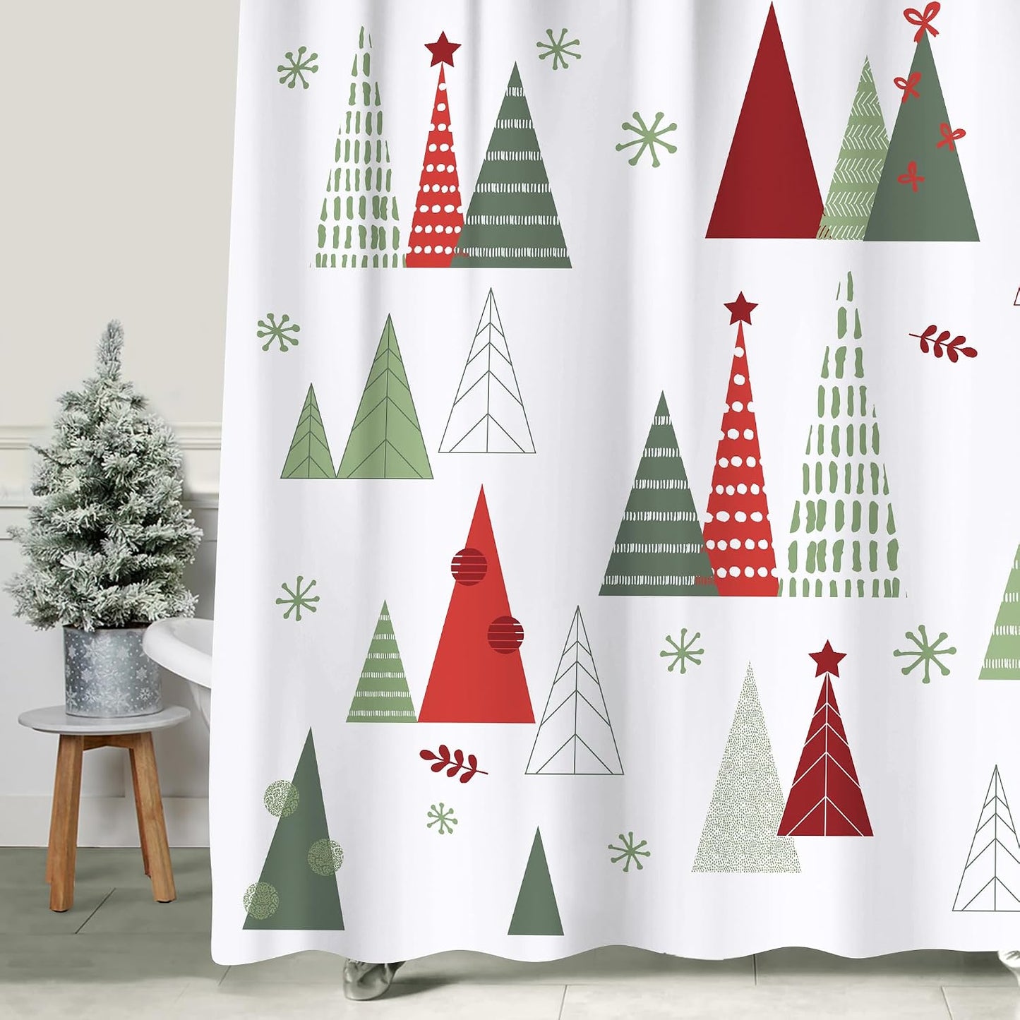 Sunlit Geometric Modern Design Christmas Shower Curtain Christmas Tree Bathroom Home Office Holiday Wall Decoration as Tapestry and Photo Booth Backdrop Red Green White Printed