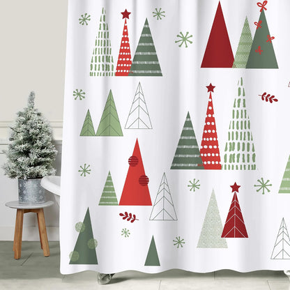 Sunlit Geometric Modern Design Christmas Shower Curtain Christmas Tree Bathroom Home Office Holiday Wall Decoration as Tapestry and Photo Booth Backdrop Red Green White Printed