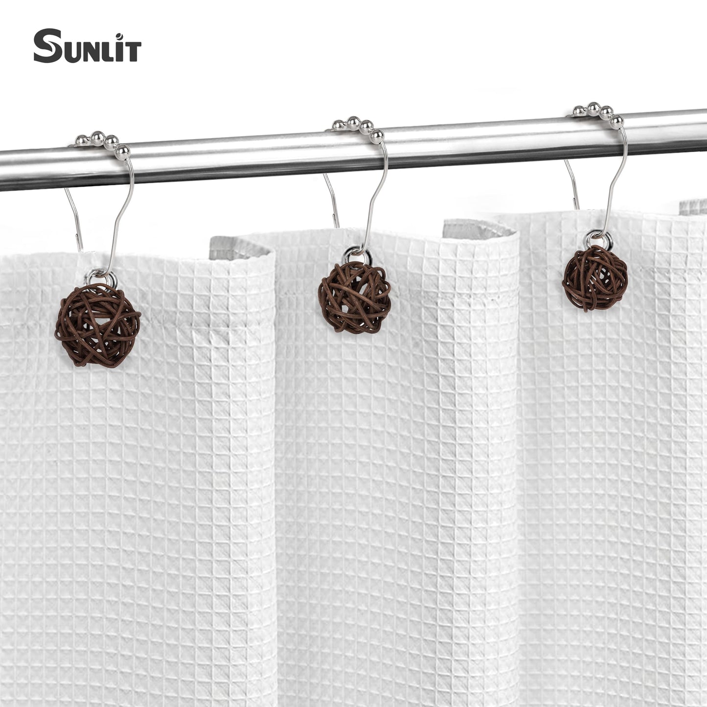 Sunlit Boho Decorative Rattan Balls Shower Curtain Hooks, Wicker Orbs Shower Curtain Rings for Bathroom, Farmhouse Shower Curtain Hangers Bathroom Accessories, Set of 12, Brown