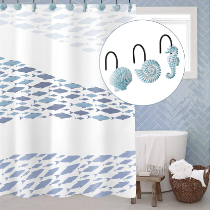 Sunlit Seashells Decorative Shower Curtain Hooks, Blue Ocean Creatures Coastal Shower Curtain Rings with Black Hooks, Resin, Nautical Bathroom Decoration Beach Shower Curtain Hooks, Set of 12