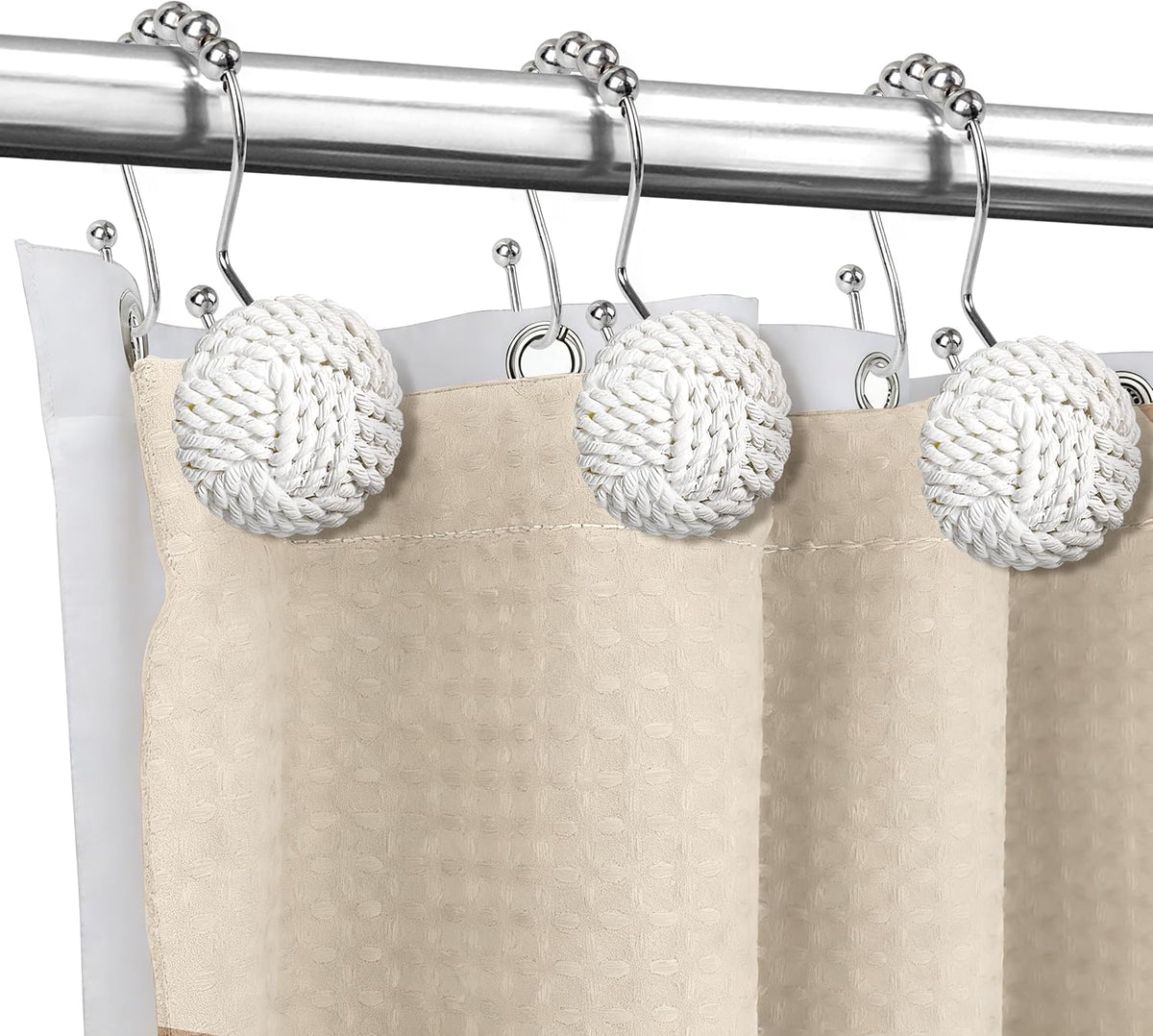 Sunlit Boho Knots Double Shower Curtain Hooks, Home Decorative White Shower Curtain Rings for Bathroom, Seaside Nautical Shower Curtain Hangers Bathroom Accessories, Set of 12