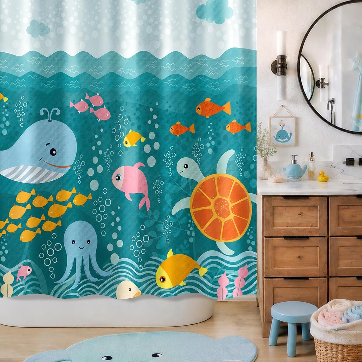 Sunlit Lovely Cartoon Sea Creatures Fabric Shower Curtain for Kids, Whale Turtle and Fish Bathroom Decor Curtain for Girls and Boys