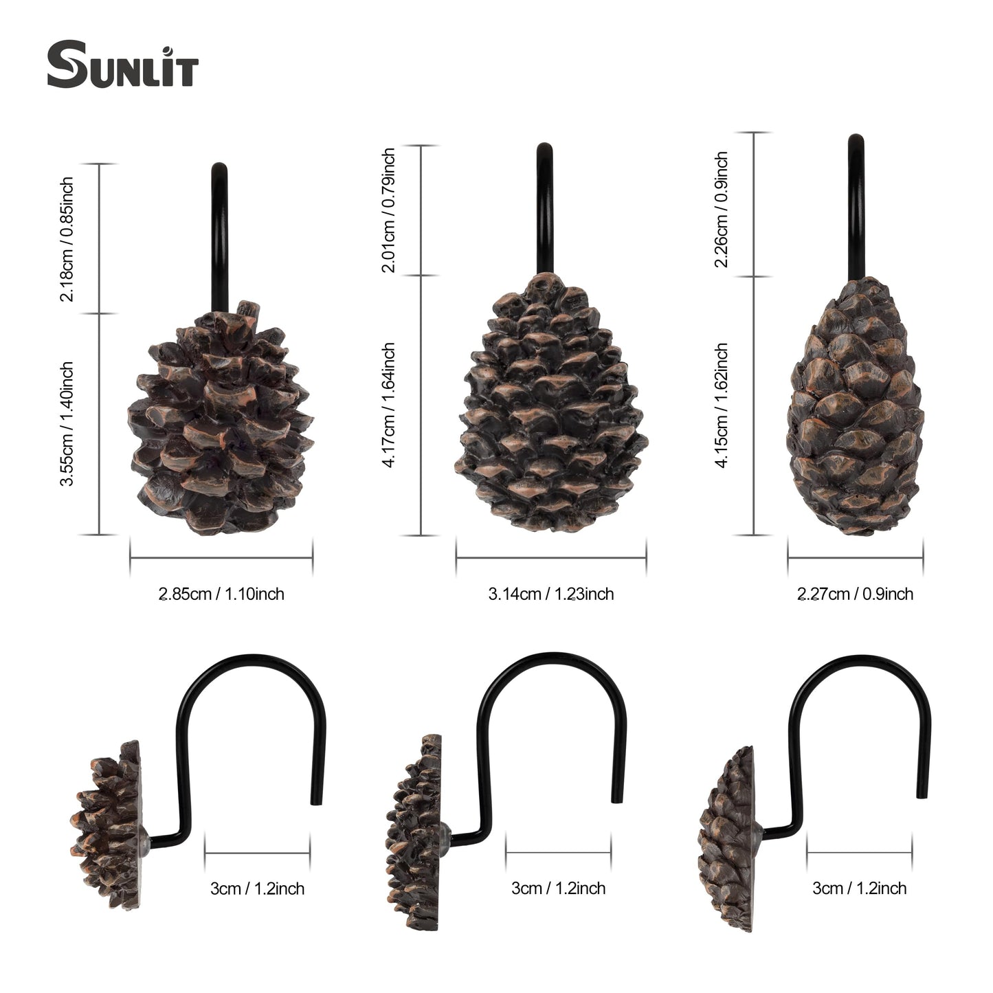 Sunlit Pinecone Decorative Shower Curtain Hooks, Brown Pine Cone Shower Curtain Rings, Resin, Winter Christmas Theme Bathroom Decoration, Set of 12