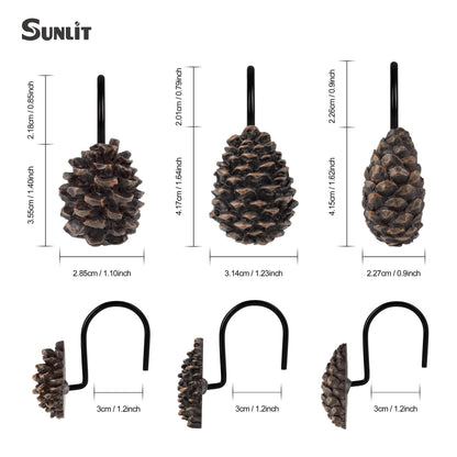 Sunlit Pinecone Decorative Shower Curtain Hooks, Brown Pine Cone Shower Curtain Rings, Resin, Winter Christmas Theme Bathroom Decoration, Set of 12