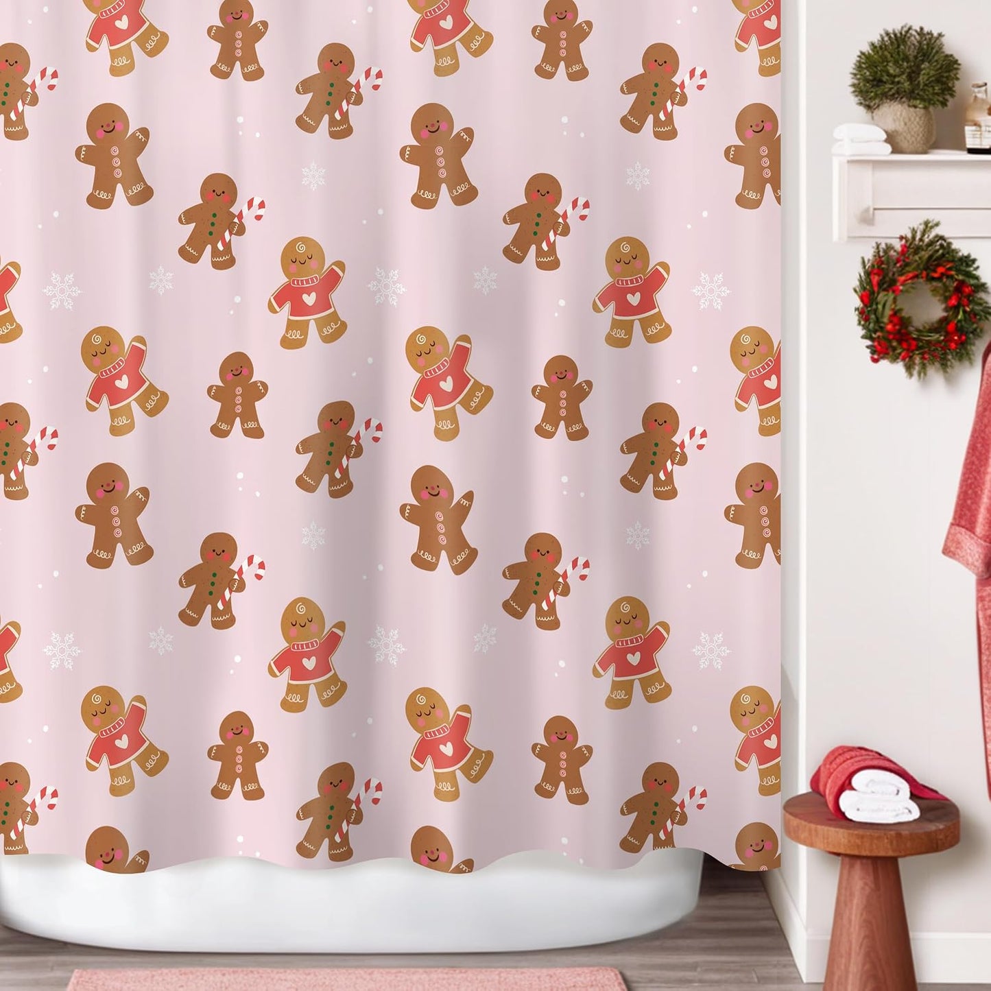 Sunlit Christmas Shower Curtain, Pink Holiday Gingerbread Men with Candy Canes and Snowflakes Cute Xmas Cookie Pattern, Festive Bathroom Fabric Shower Curtain, Home Decor Tapestry, 72" x 72"