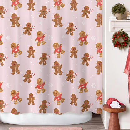 Sunlit Christmas Shower Curtain, Pink Holiday Gingerbread Men with Candy Canes and Snowflakes Cute Xmas Cookie Pattern, Festive Bathroom Fabric Shower Curtain, Home Decor Tapestry, 72" x 72"