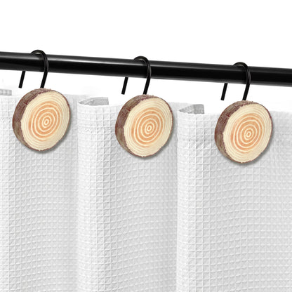 Sunlit Farmhouse Wooden Slices Shower Curtain Hooks, Rustic Home Decorative Shower Curtain Rings with Black Hooks for Bathroom, Resin Shower Curtain Hangers Bathroom Accessories, Set of 12