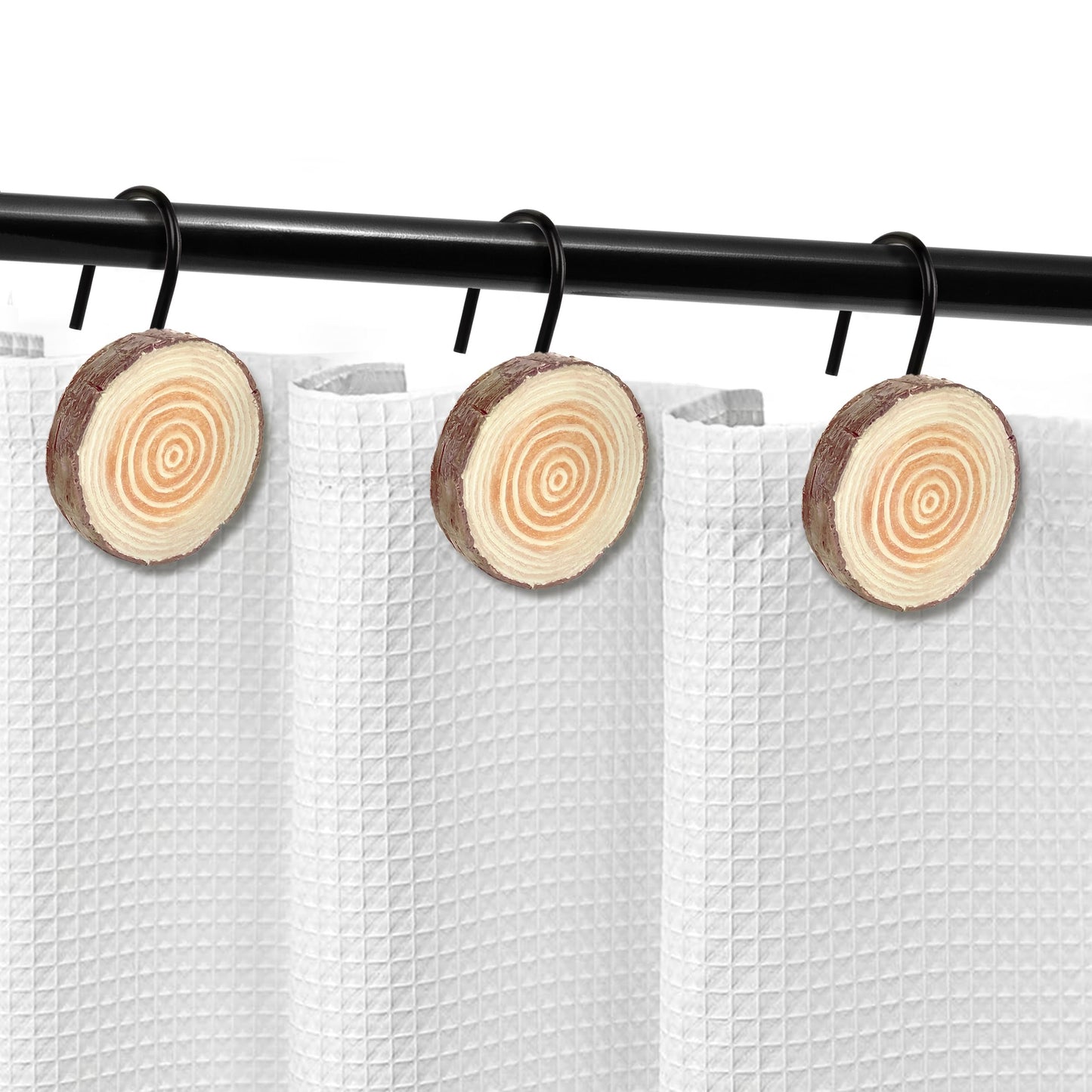 Sunlit Farmhouse Wooden Slices Shower Curtain Hooks, Rustic Home Decorative Shower Curtain Rings for Bathroom, Resin Shower Curtain Hangers Bathroom Accessories, Set of 12