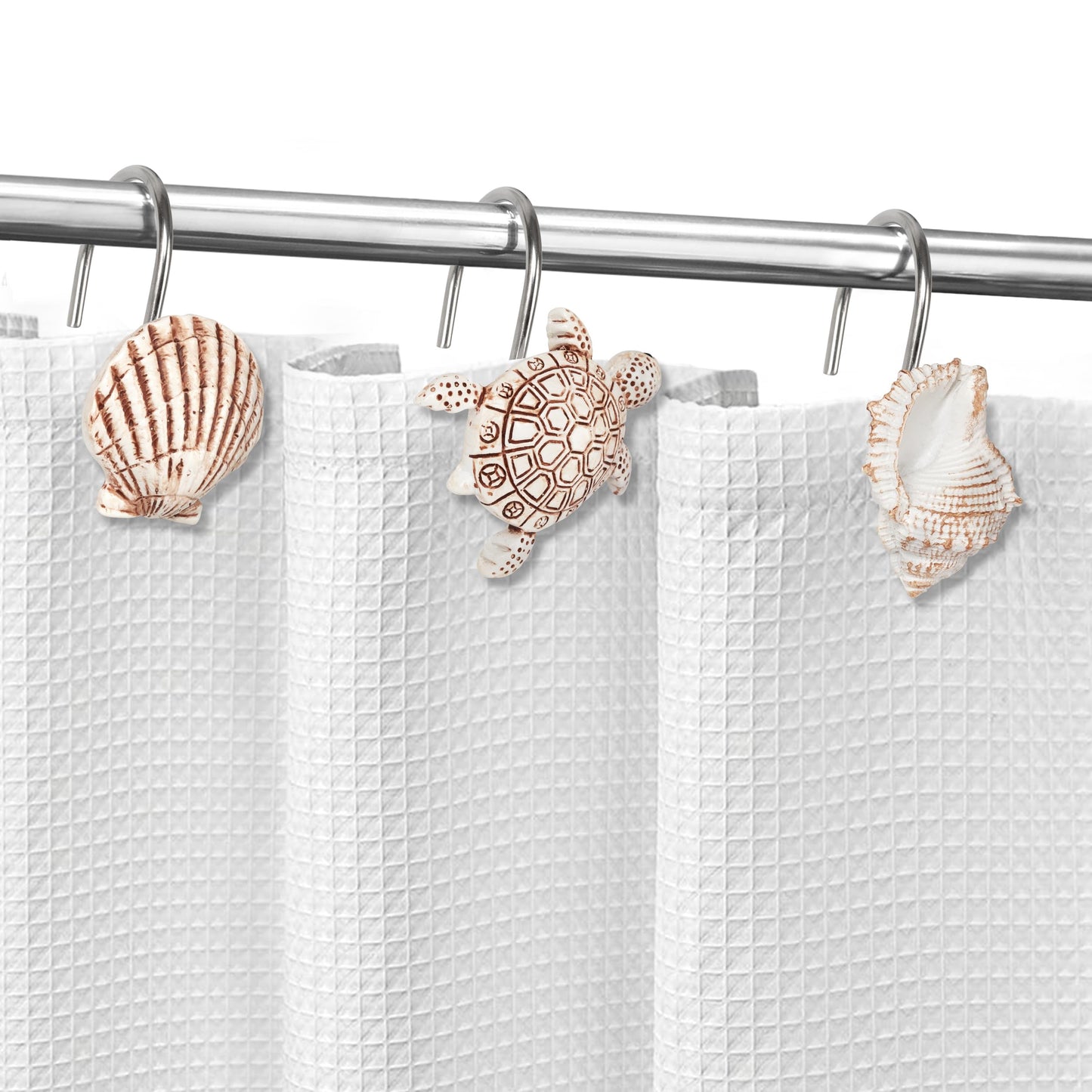 Sunlit Seashells Decorative Shower Curtain Hooks, Scallop Nautilus & Seahorse Shower Curtain Rings, Seashell Blush, Resin, Nautical Bathroom Decoration Beach Shower Curtain Hooks-12 Pack