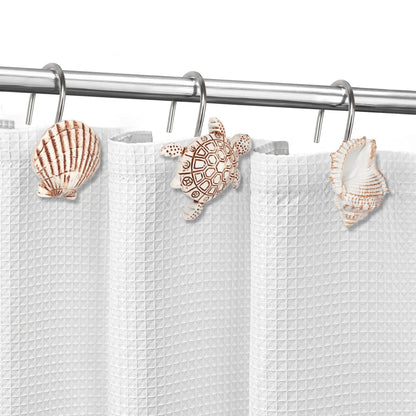 Sunlit Seashells Decorative Shower Curtain Hooks, Scallop Nautilus & Seahorse Shower Curtain Rings, Seashell Blush, Resin, Nautical Bathroom Decoration Beach Shower Curtain Hooks-12 Pack