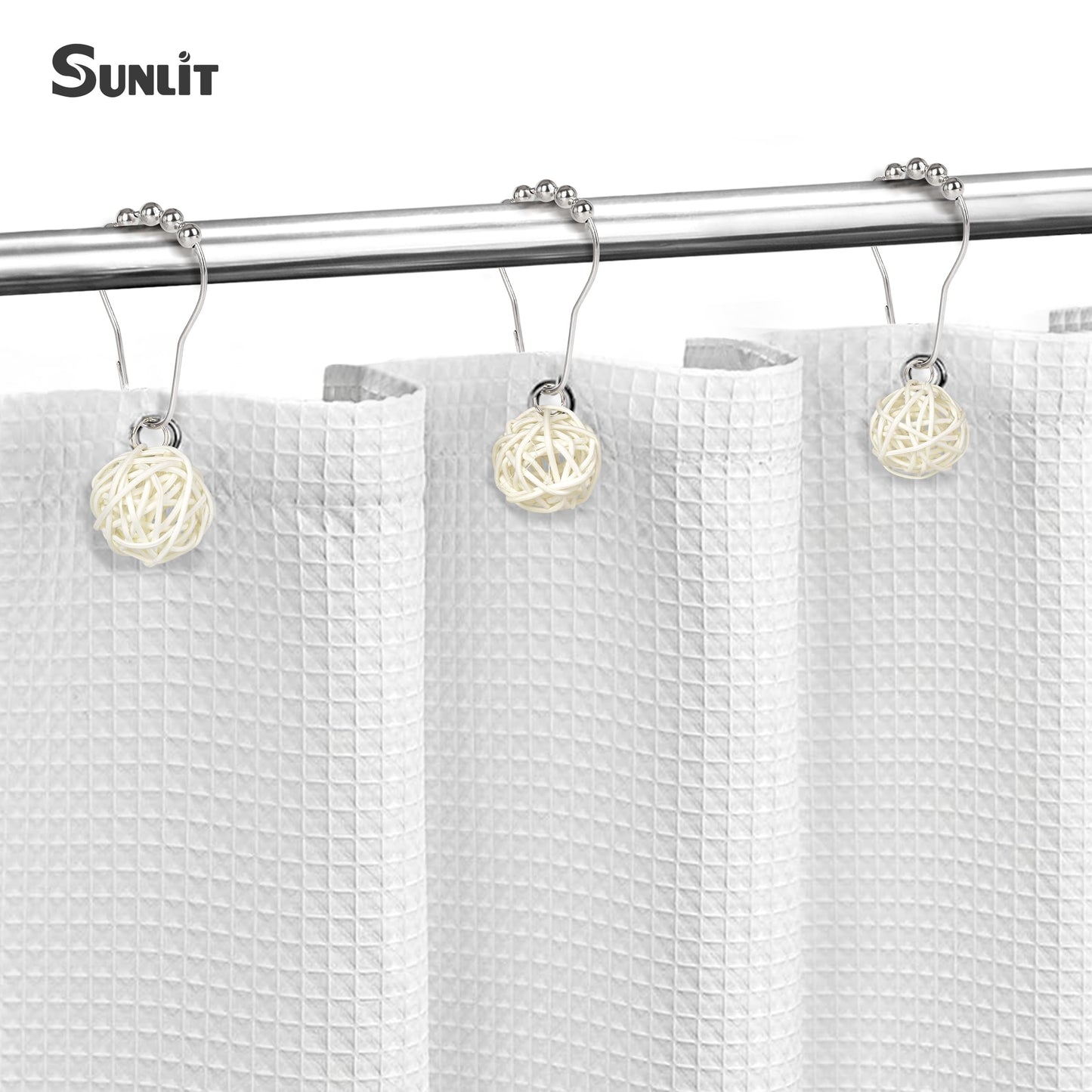 Sunlit Boho Decorative Rattan Balls Shower Curtain Hooks, Wicker Orbs Shower Curtain Rings for Bathroom, Farmhouse Shower Curtain Hangers Bathroom Accessories, Set of 12, Brown
