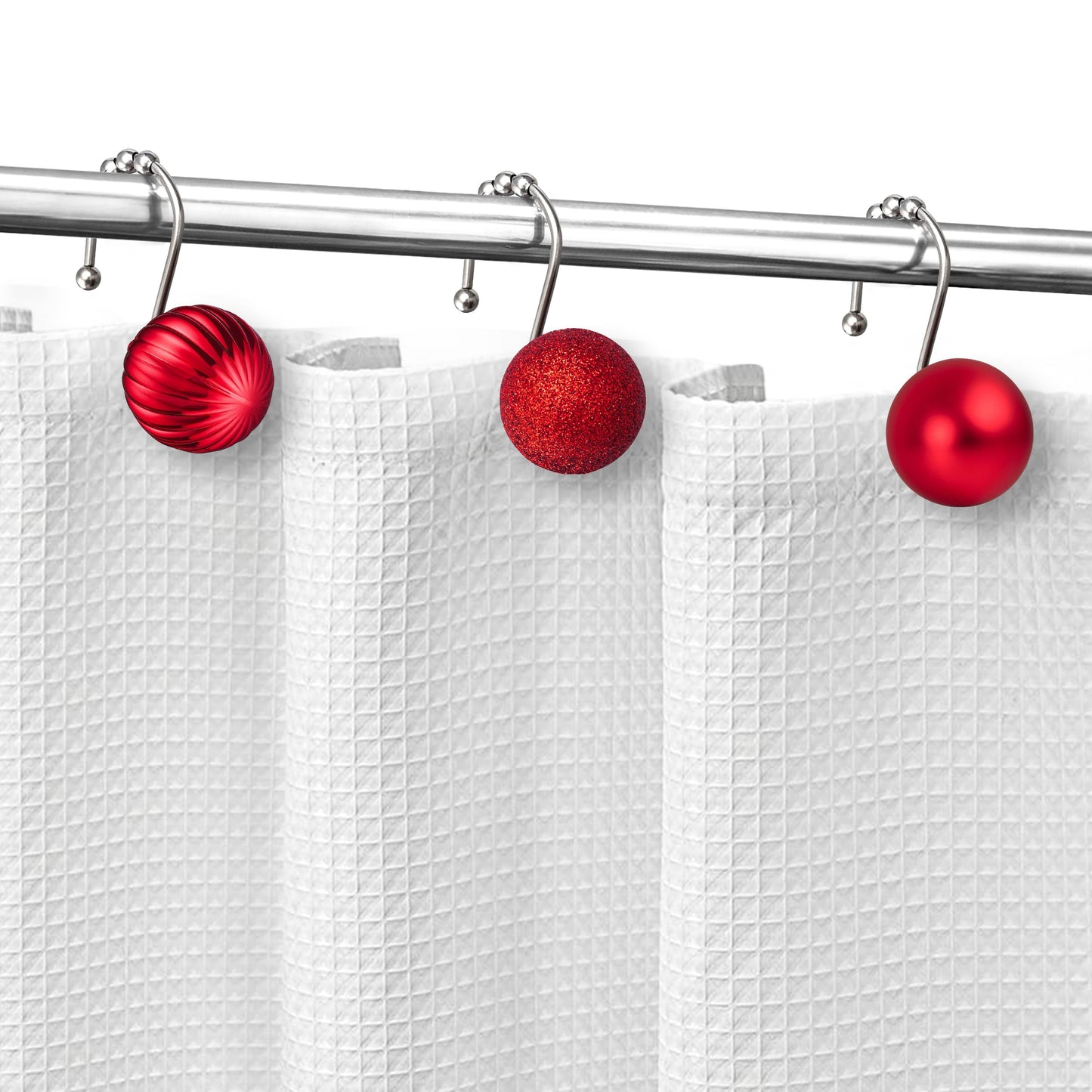 Sunlit Christmas Balls Decorative Shower Curtain Hooks, Shower Curtain Rings with Roller Balls, Xmas Theme Winter Holiday Bathroom Decoration, Set of 12, Red