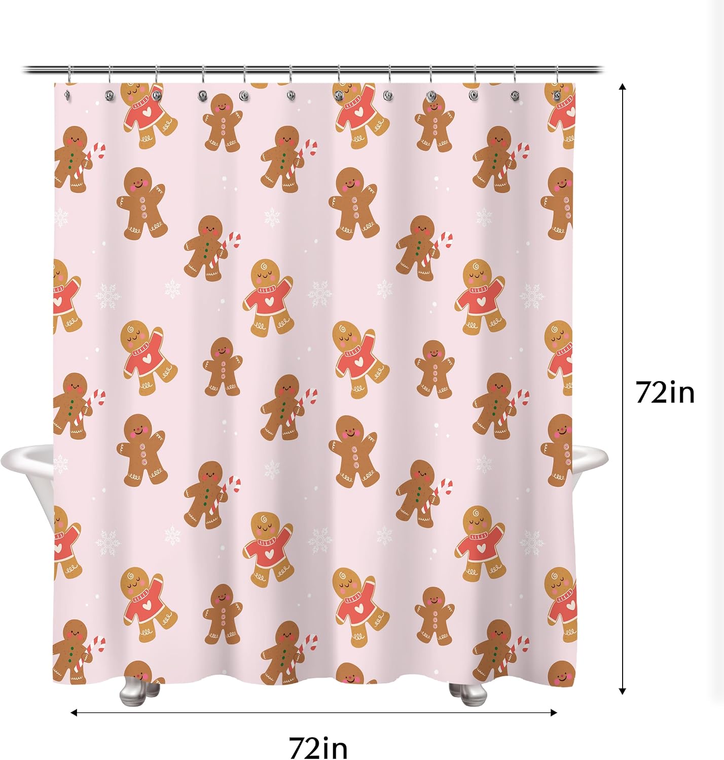 Sunlit Christmas Shower Curtain, Pink Holiday Gingerbread Men with Candy Canes and Snowflakes Cute Xmas Cookie Pattern, Festive Bathroom Fabric Shower Curtain, Home Decor Tapestry, 72" x 72"