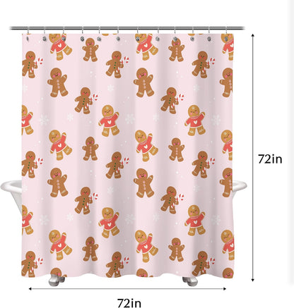 Sunlit Christmas Shower Curtain, Pink Holiday Gingerbread Men with Candy Canes and Snowflakes Cute Xmas Cookie Pattern, Festive Bathroom Fabric Shower Curtain, Home Decor Tapestry, 72" x 72"