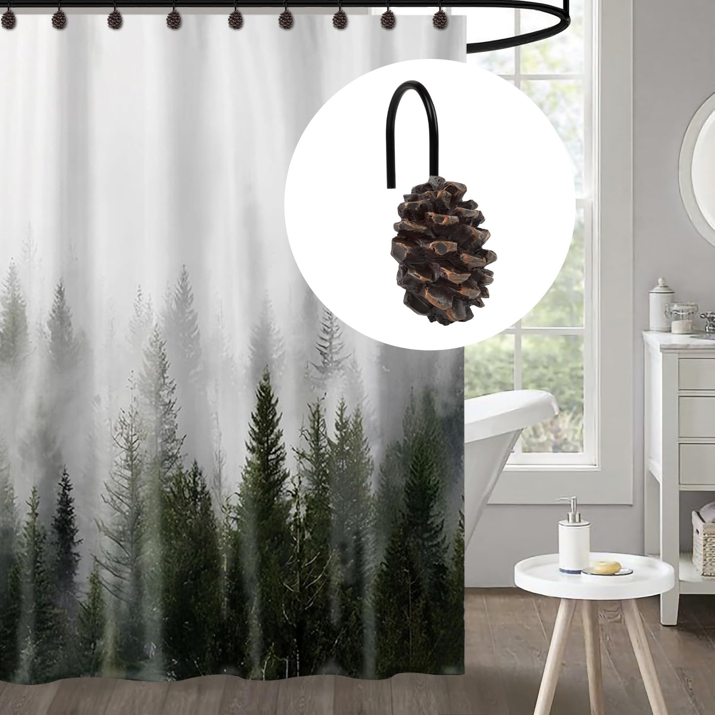 Sunlit Pinecone Decorative Shower Curtain Hooks, Brown Pine Cone Shower Curtain Rings, Resin, Winter Christmas Theme Bathroom Decoration, Set of 12